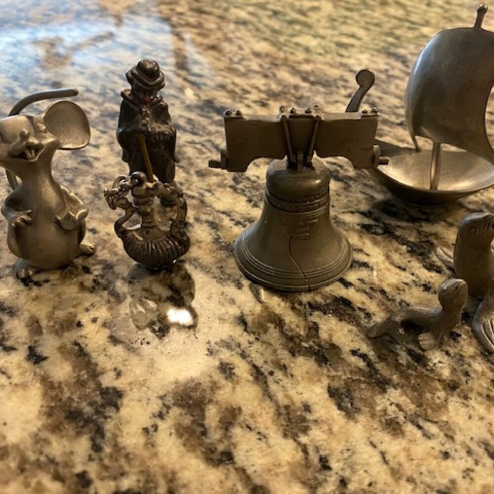 7 PEWTER collectibles * MOUSE~ Clown~ LIBERTY BELL~ Mother & Baby SEALS~ SHIP